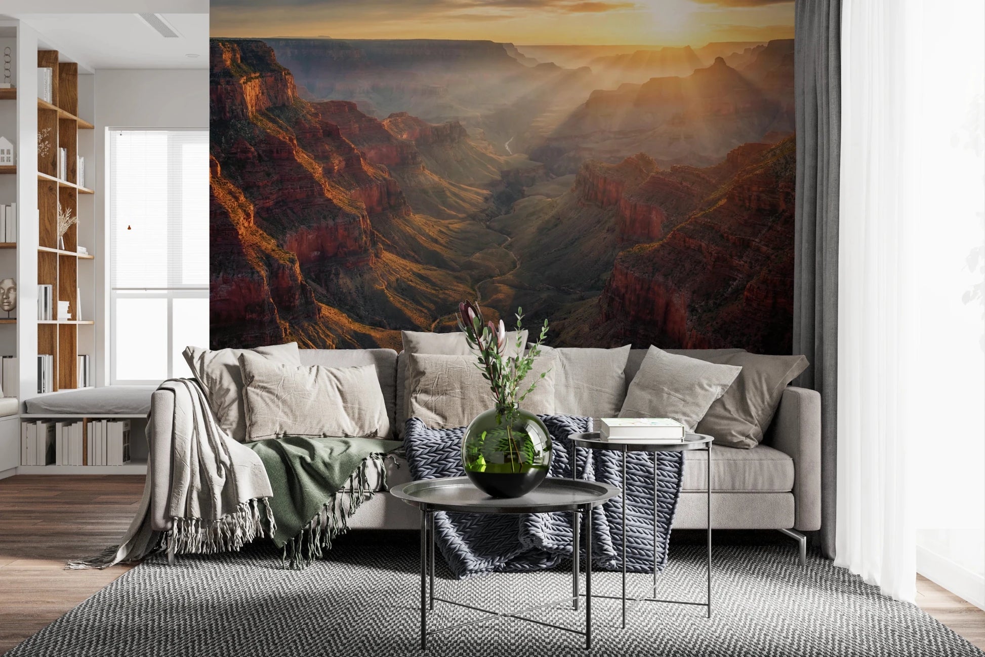 Living nook brightened with Canyon Sunrise Majesty Wall Mural and golden sunrise depth, GD8675