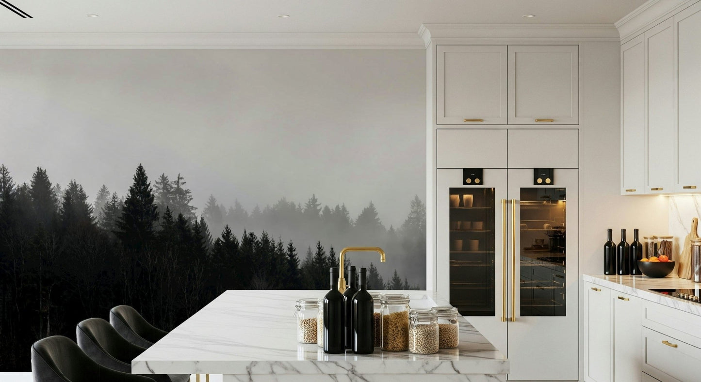 Minimalist, foggy mountain mural featuring the captivating Canyon Woodland Haze.