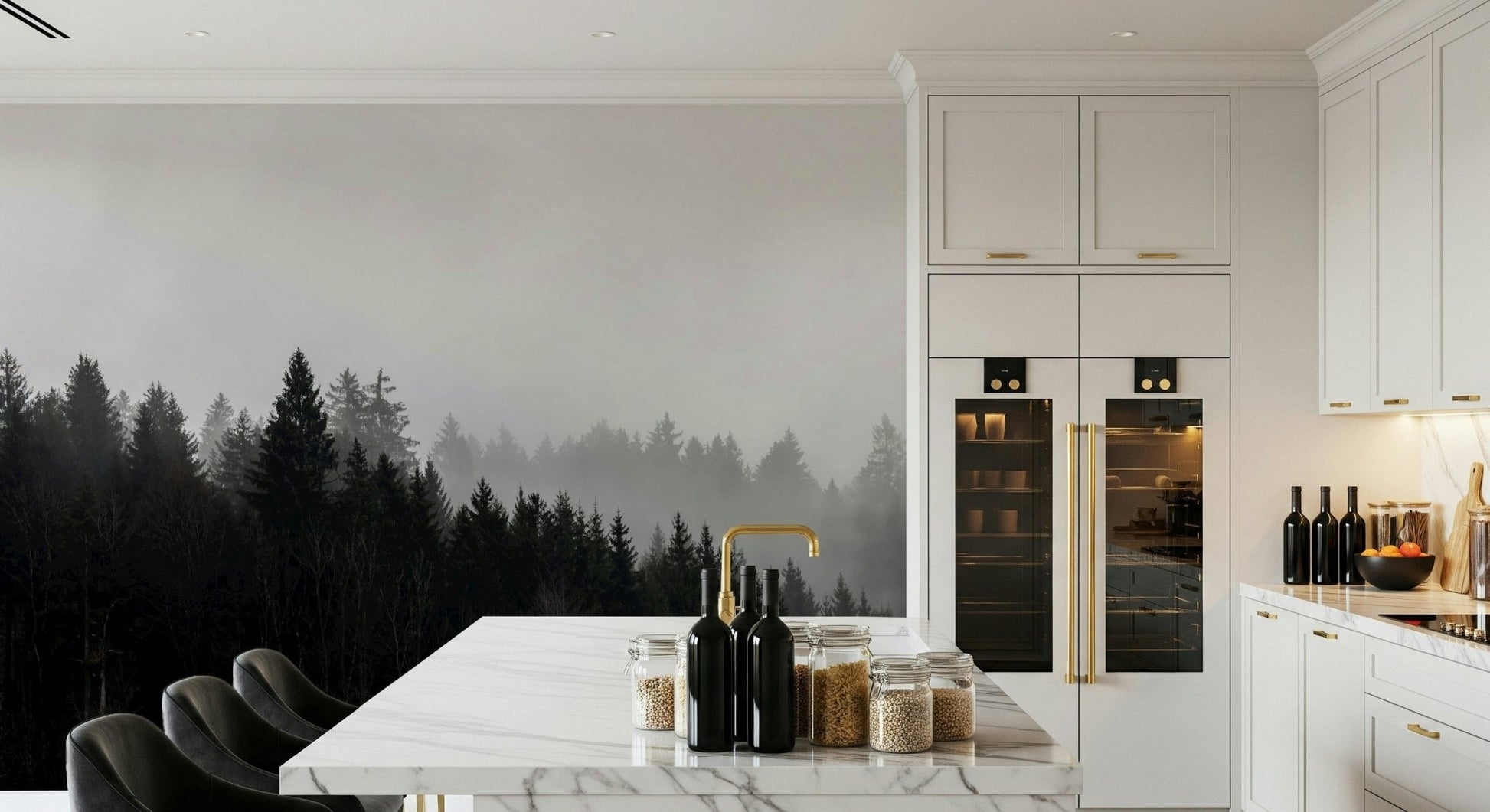 Minimalist, foggy mountain mural featuring the captivating Canyon Woodland Haze.