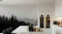 Minimalist, foggy mountain mural featuring the captivating Canyon Woodland Haze.
