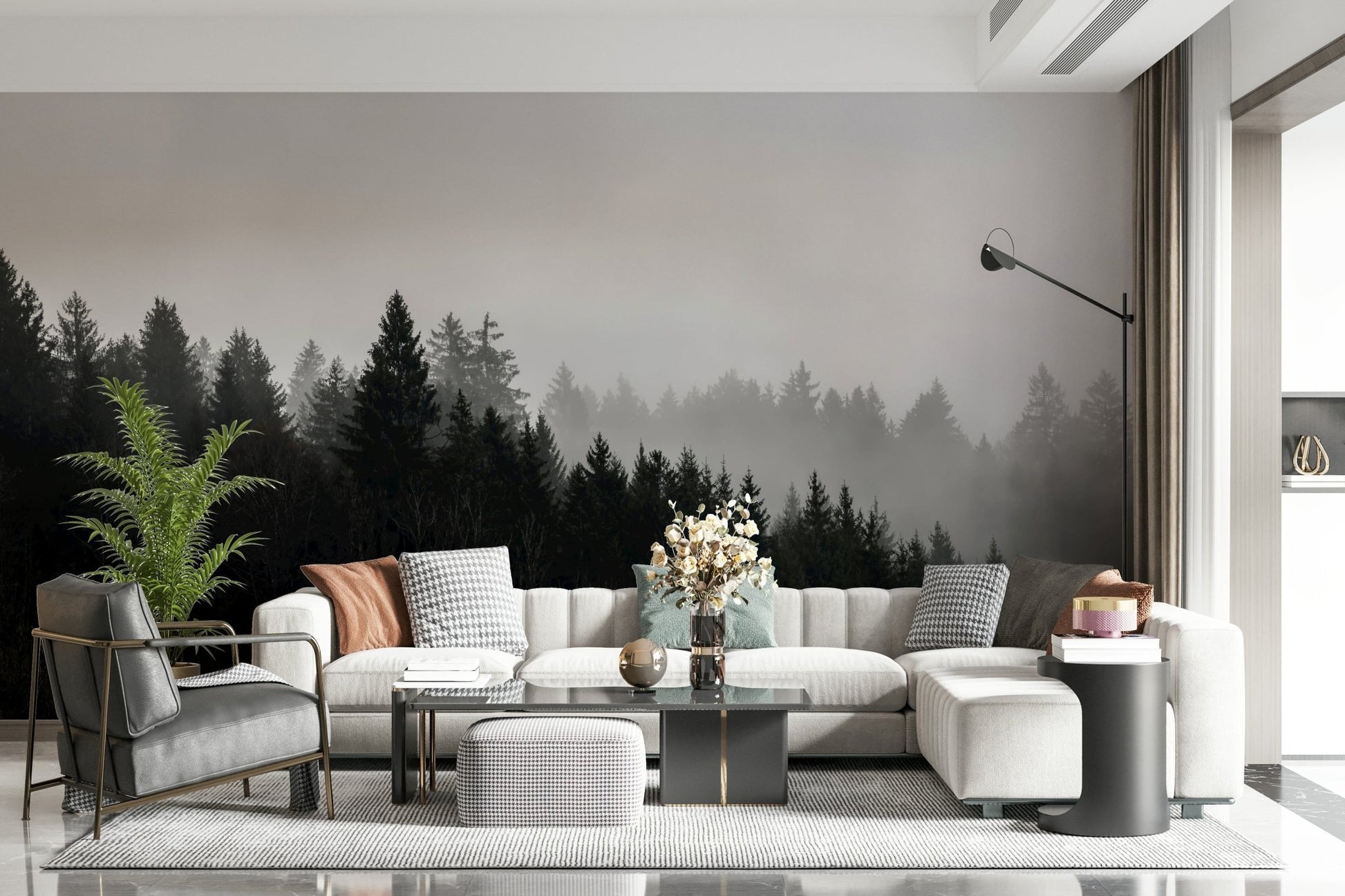 Heavy fog lifting over wilderness mural, an elegant Canyon Woodland Haze print.