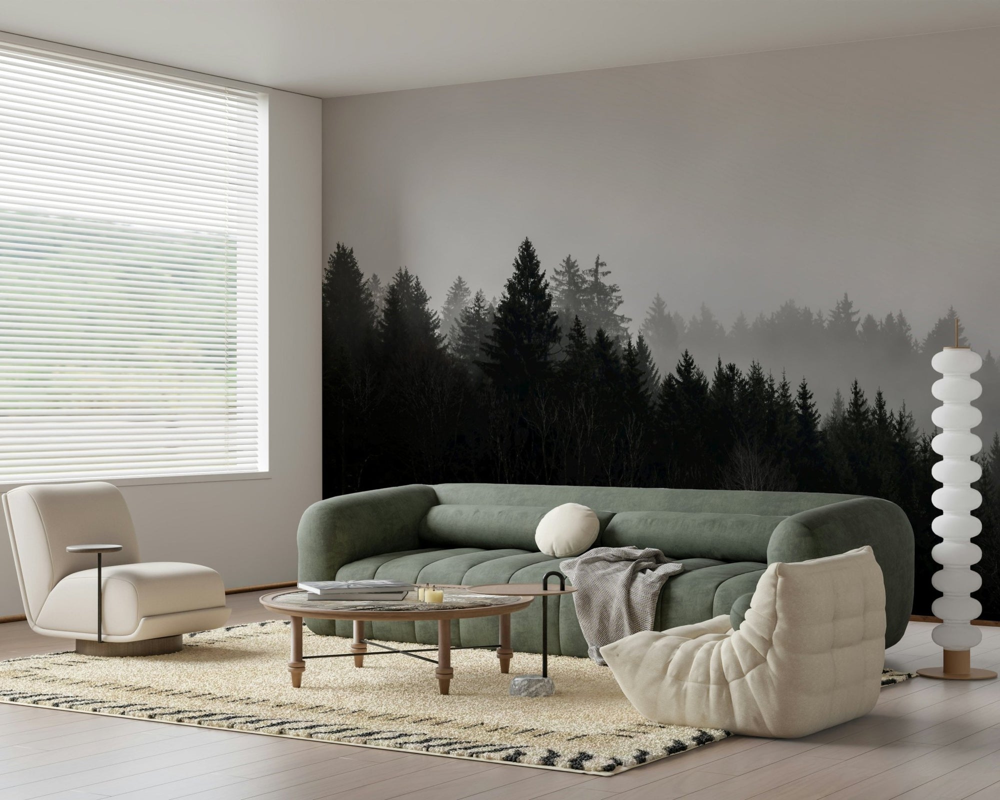 Canyon Woodland Haze forest mural, dark pines meet white mist., GD6930