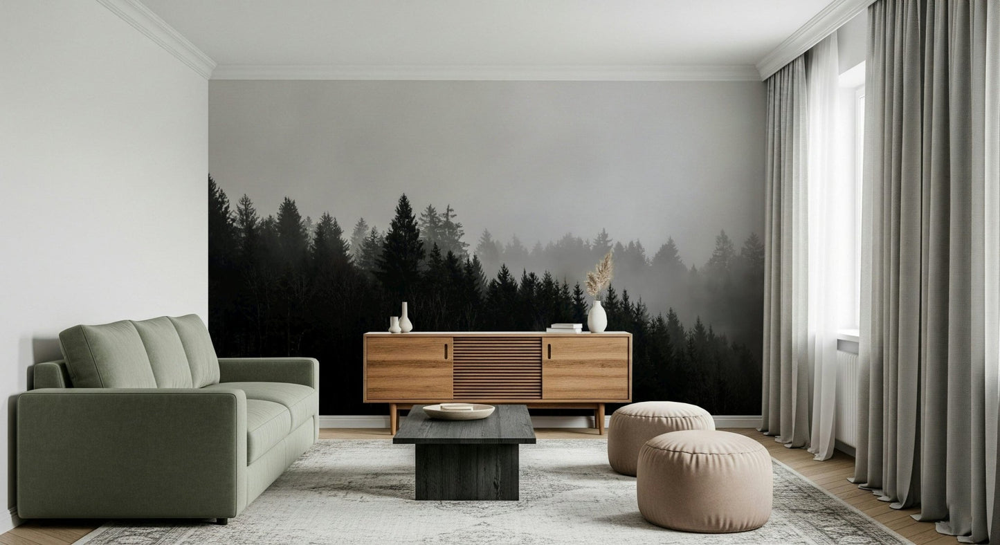 Dense, shadowy canopy wallpaper called Canyon Woodland Haze nature art.