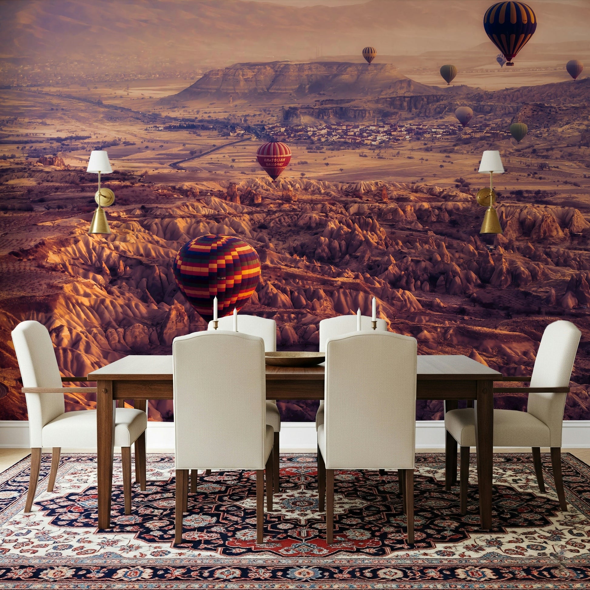 A serene abstract landscape wall mural of rock formations and balloons.