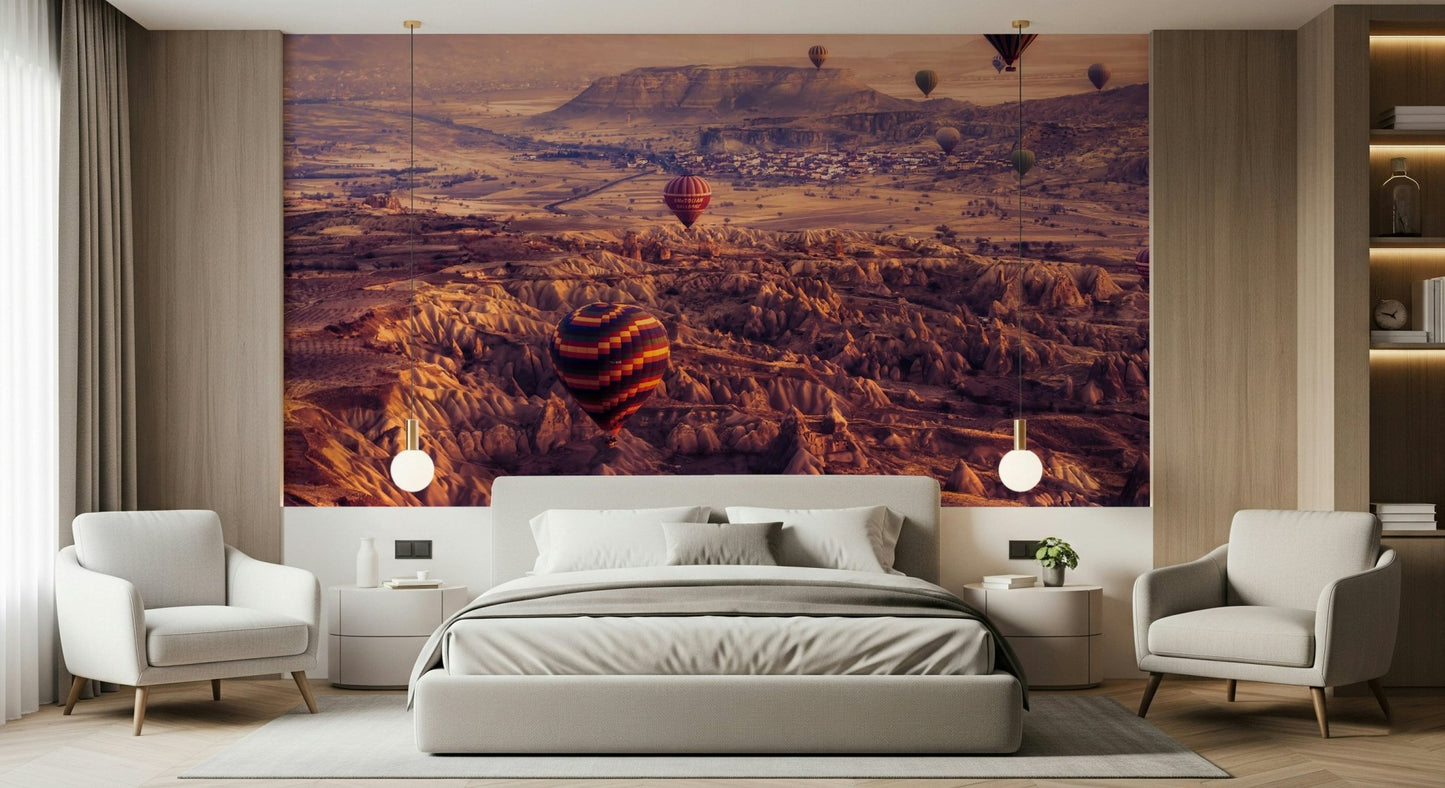 A peaceful open country mural on decorative wallpaper.