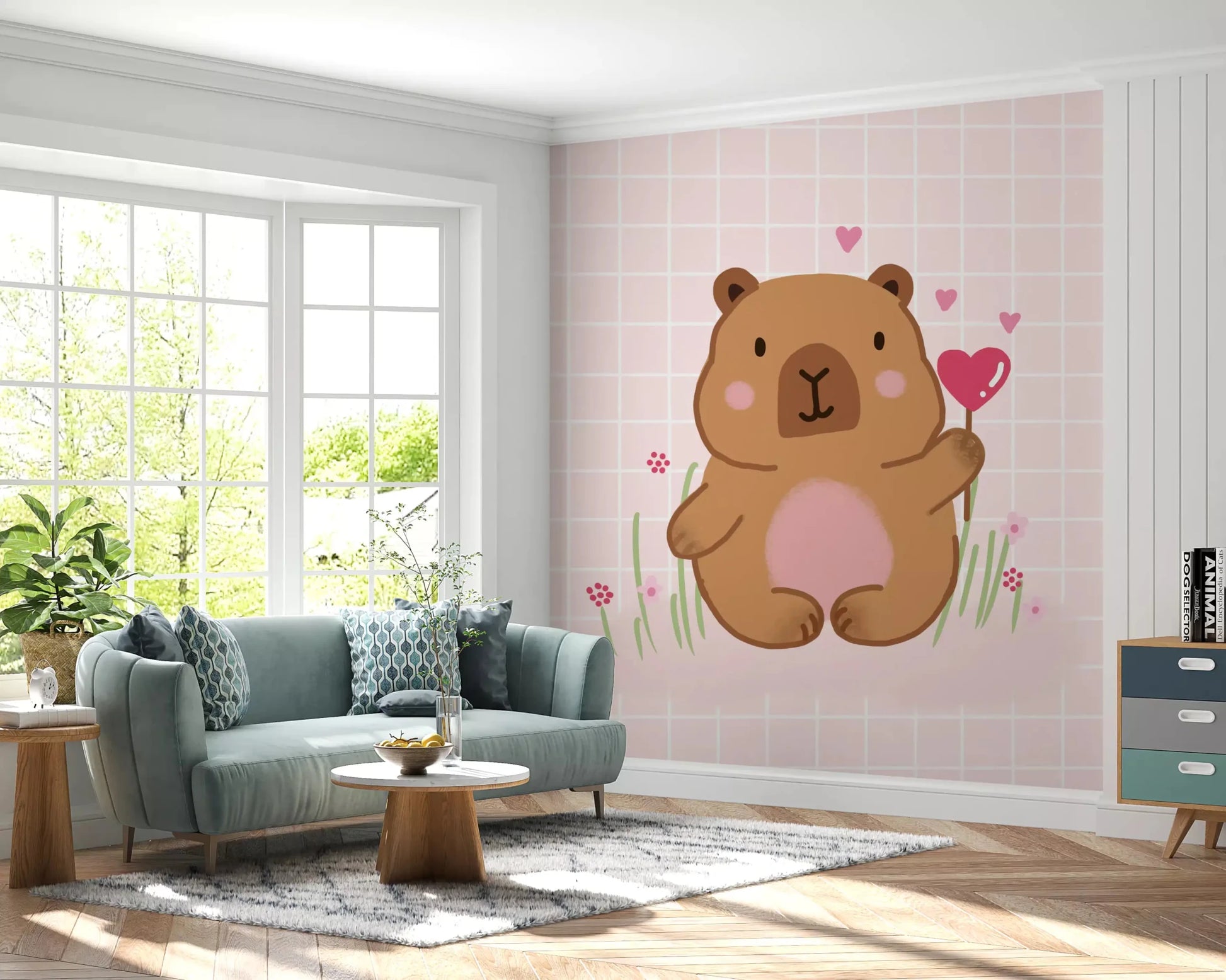 Soft vibes fill a living room with this Capybara wall muralGD9447