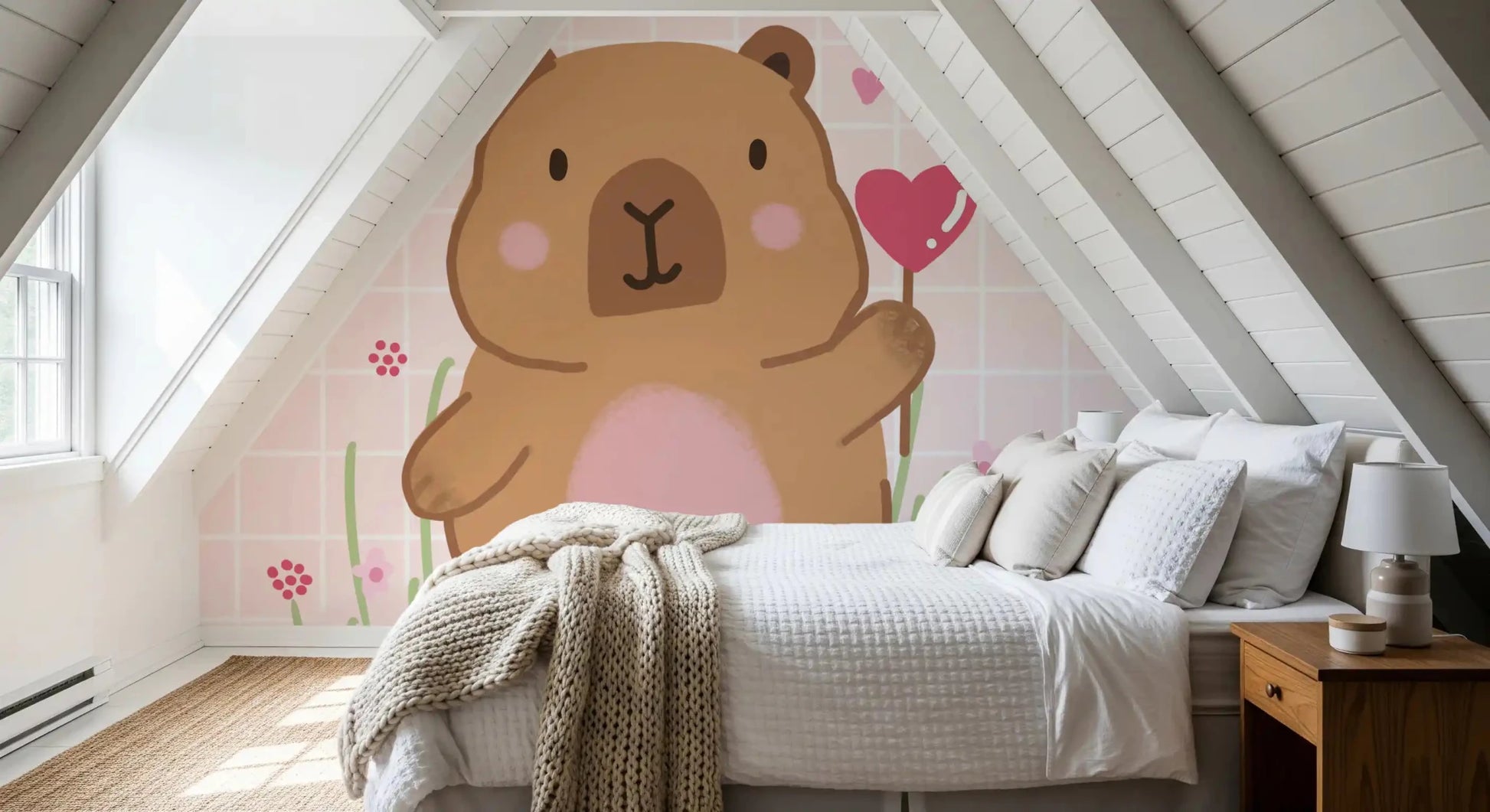 Peaceful slumber in a bedroom using Capybara in Love muralGD9447