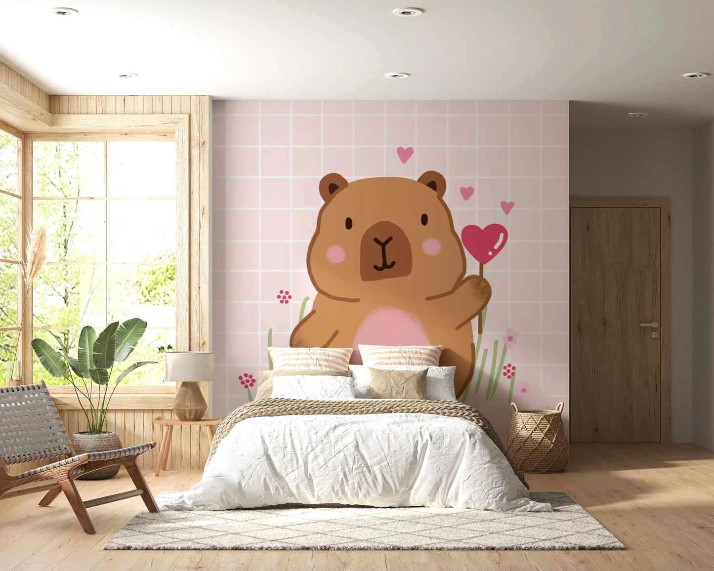 Bedroom showcasing the Capybara in Love wall muralGD9447