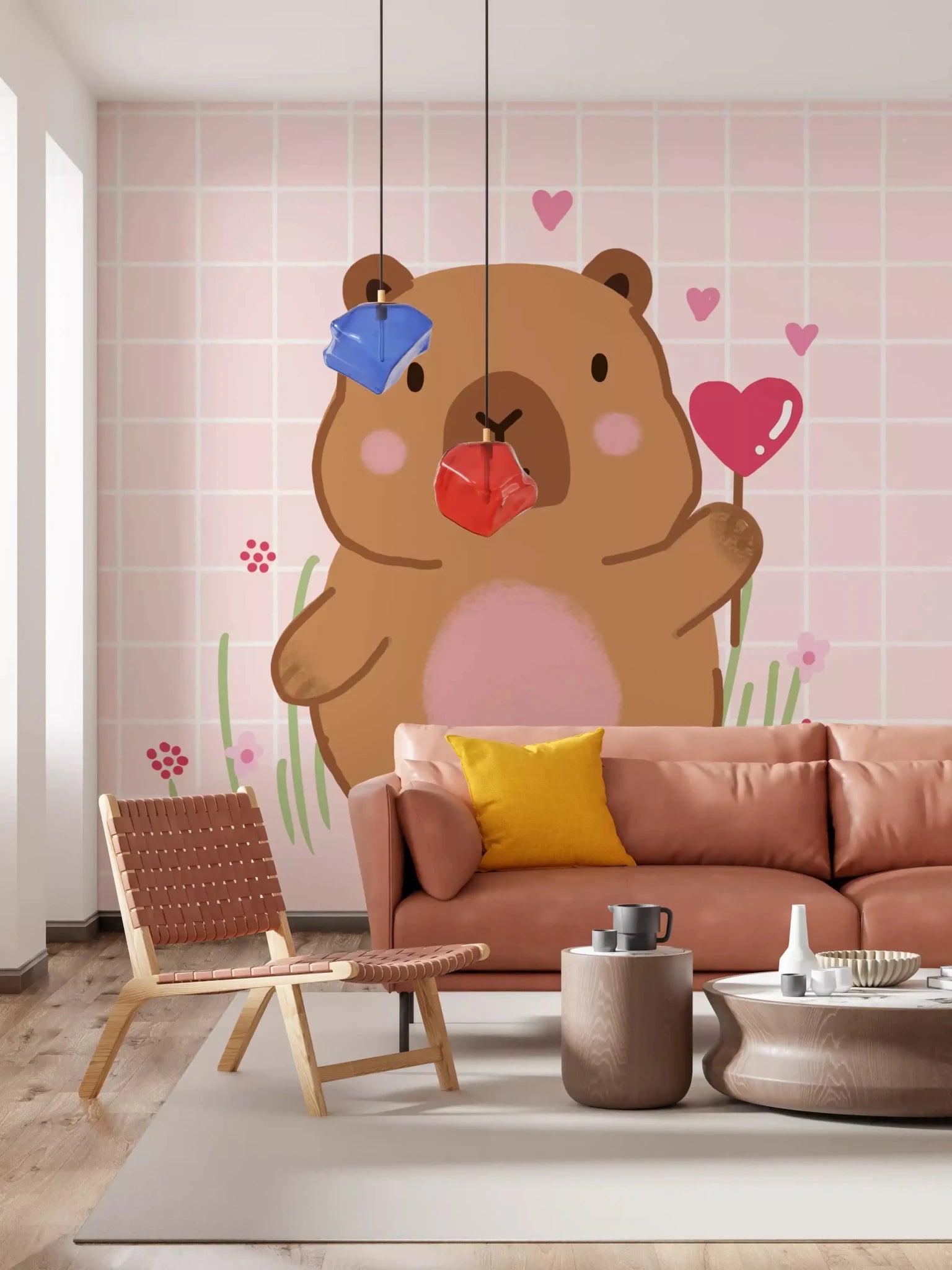 Cute rodent holding a heart wand on Capybara in Love wall muralGD9447