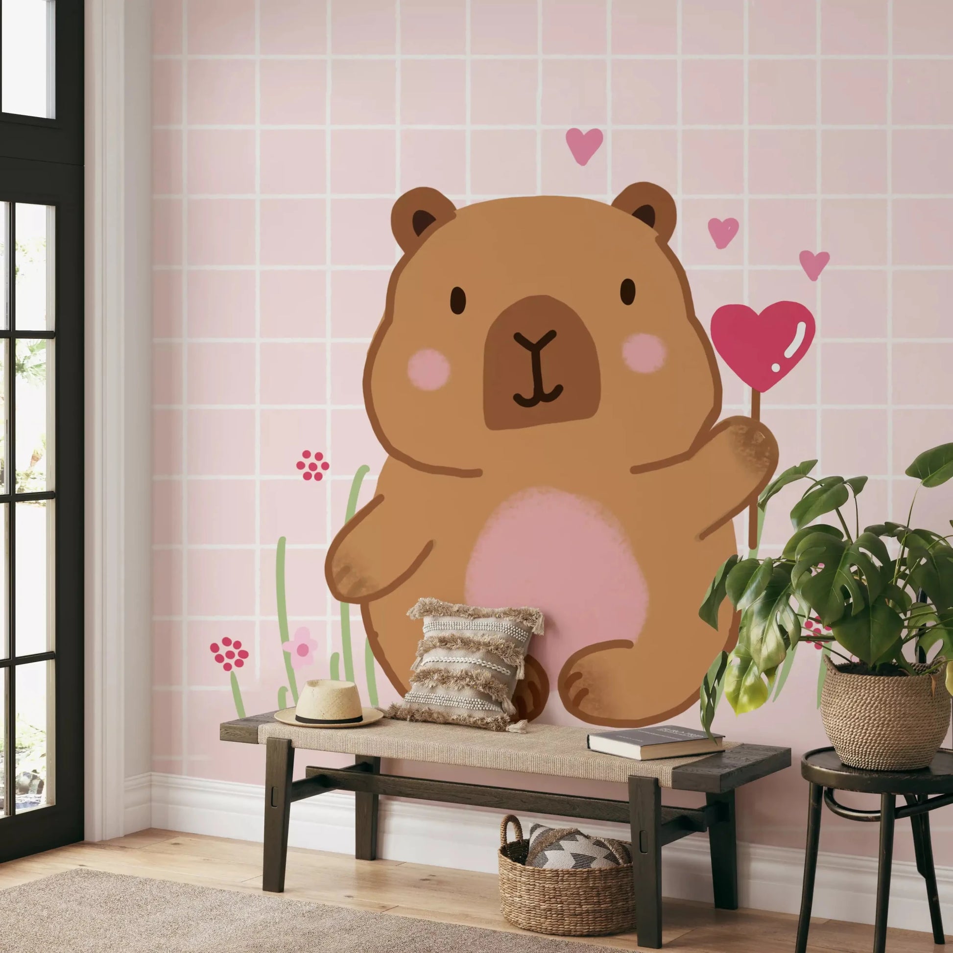 Scattered pink hearts around the Capybara in Love muralGD9447