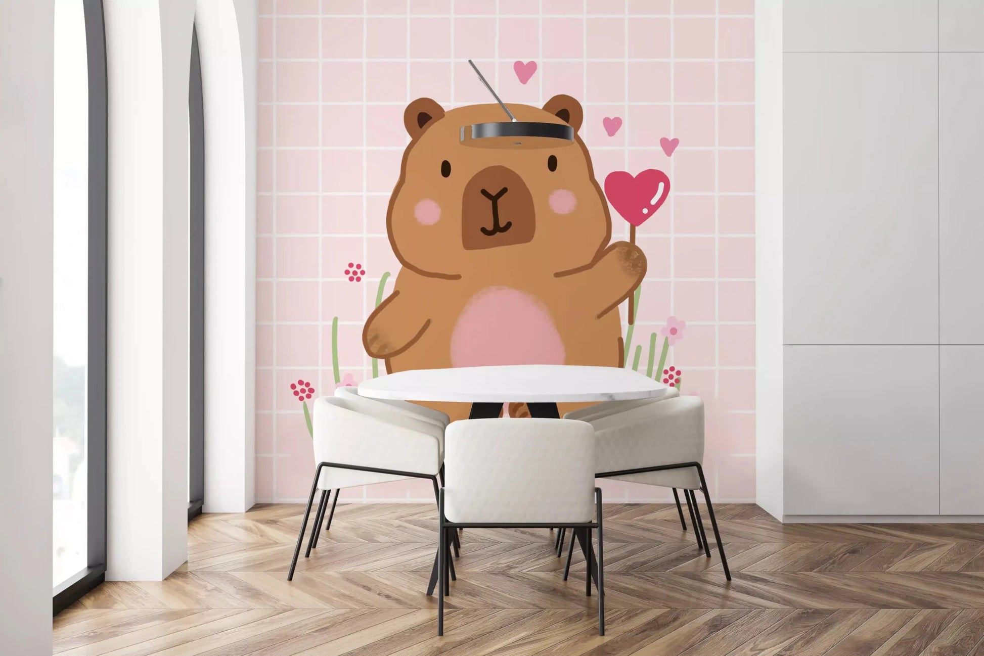Cheerful meals in a dining room using Capybara in Love muralGD9447