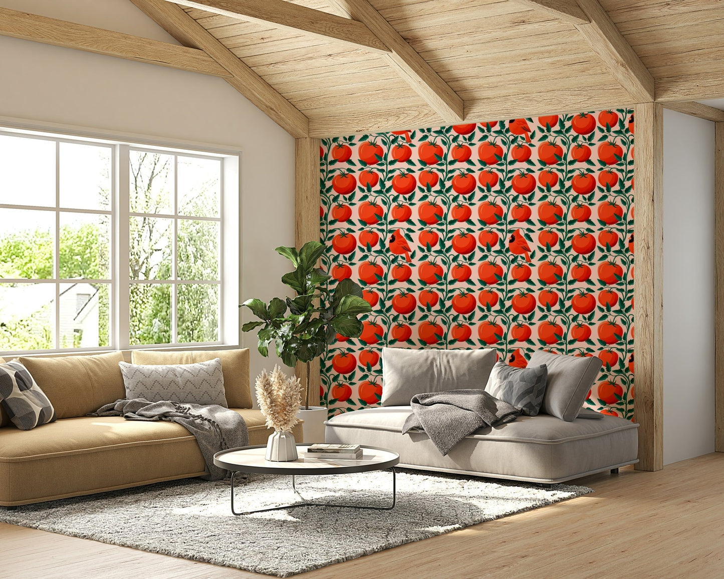 Red tomatoes with green leaves wall pattern

