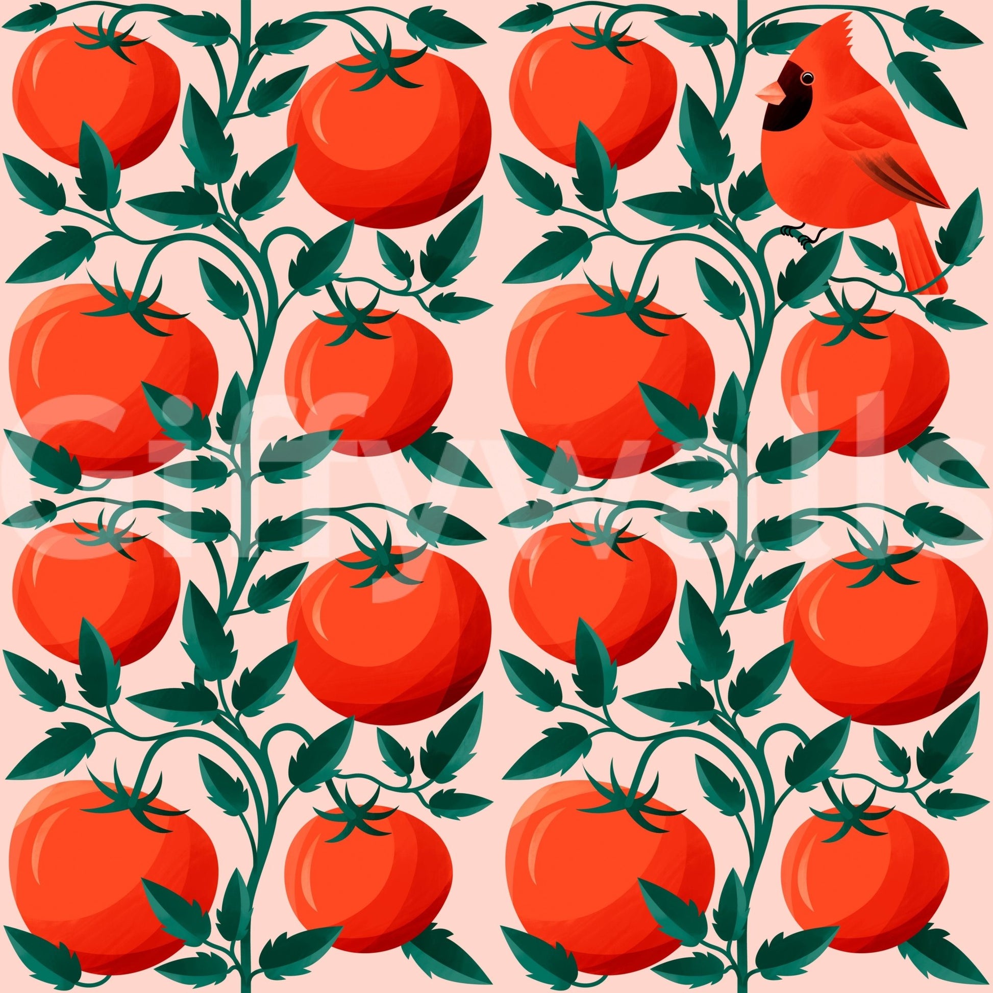 Whimsical wallpaper with tomatoes and bird

