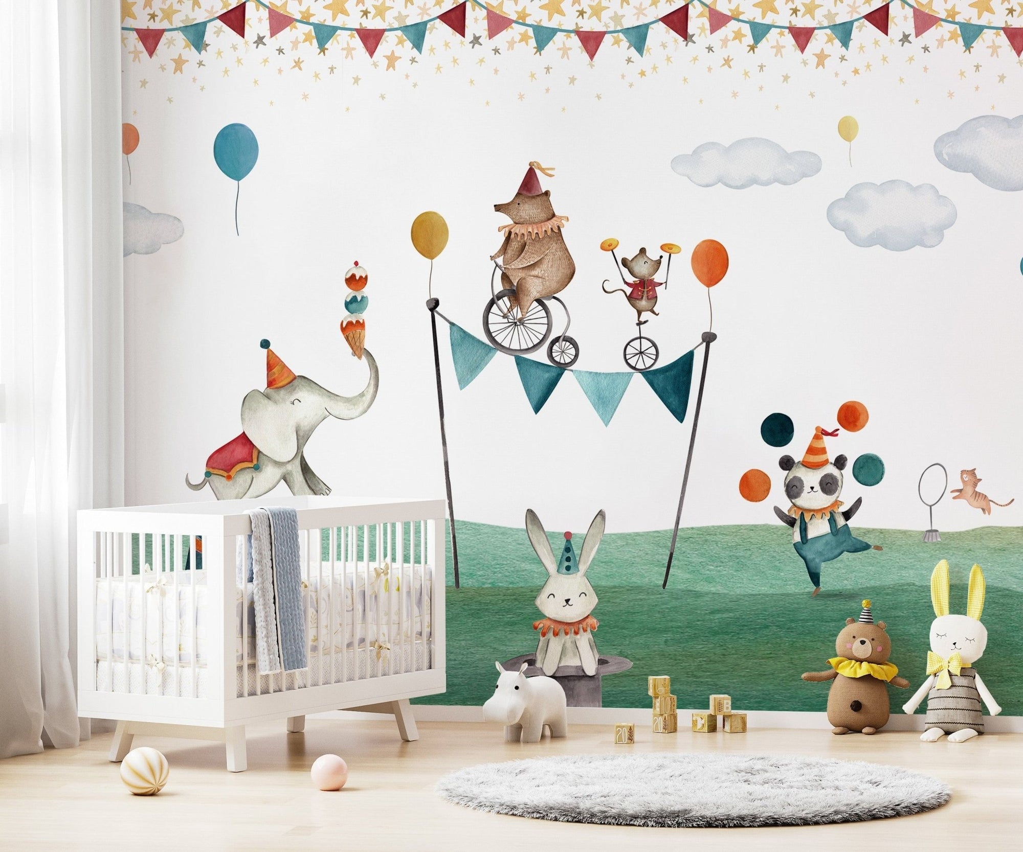 Crazy circus wallpaper mural with bear and fun elements KB18