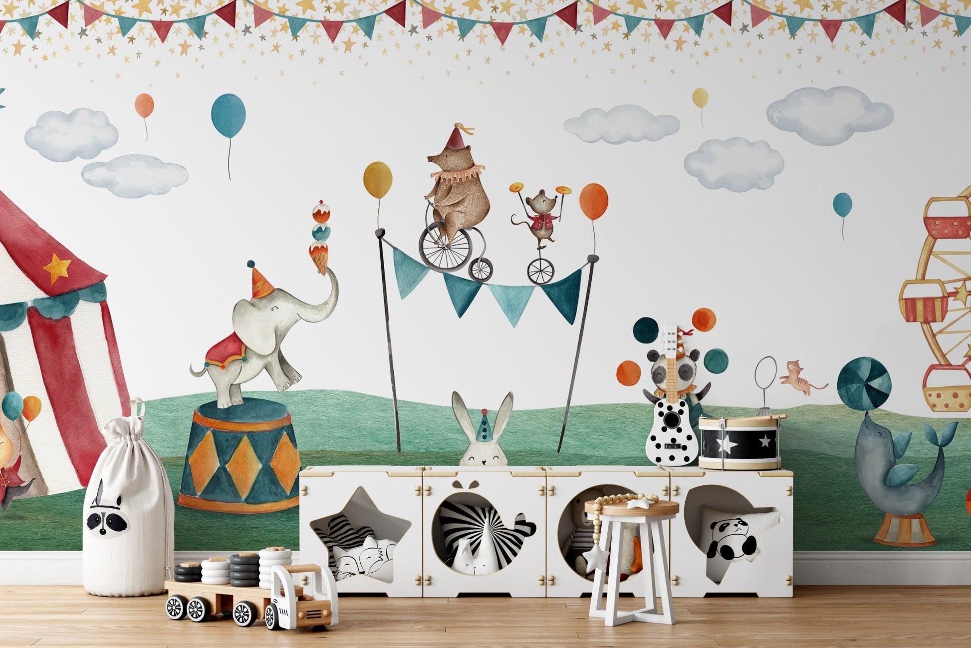 Crazy circus bear wallpaper with Ferris wheel and balloons