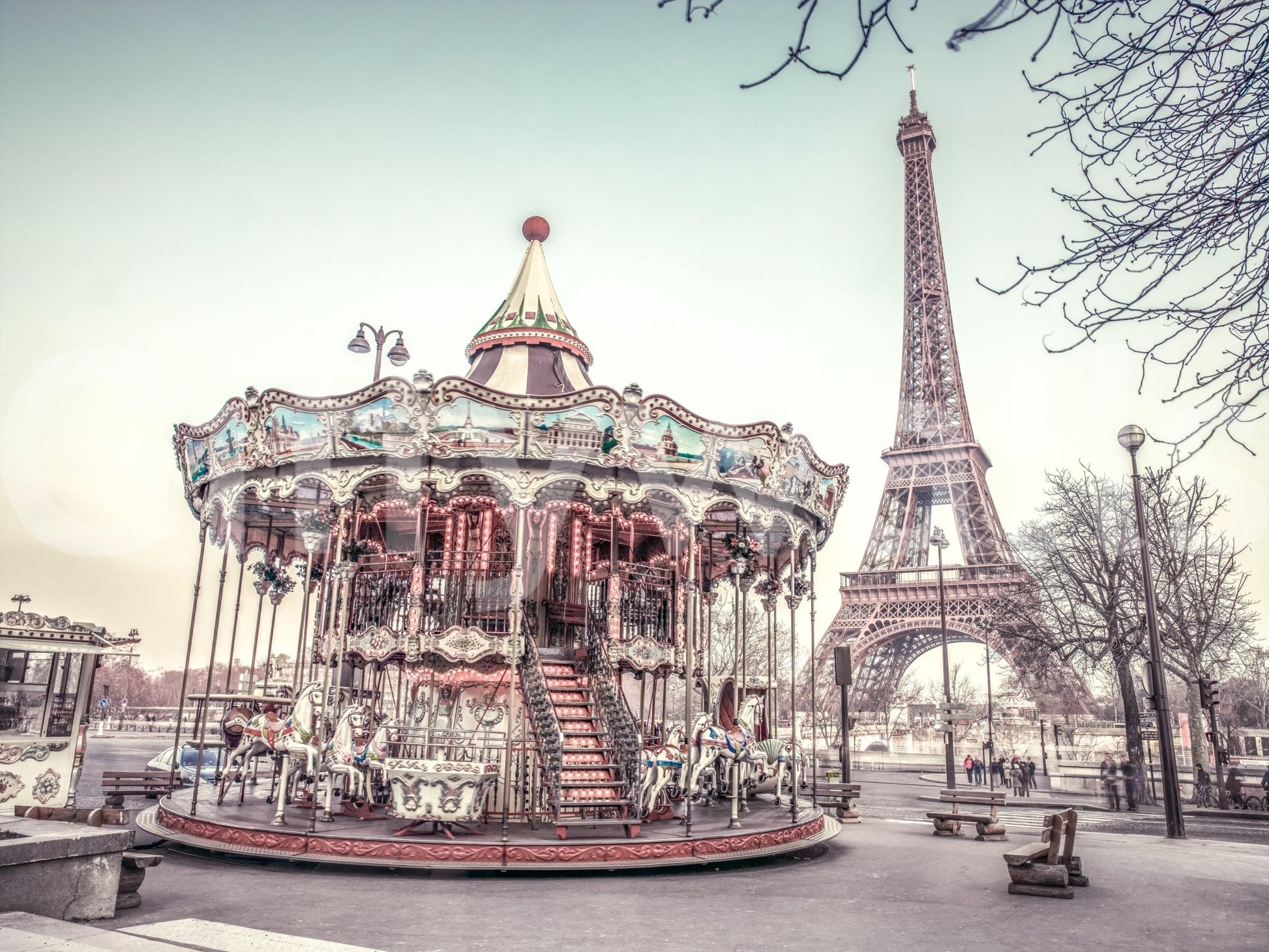 Artistic Eiffel Tower and carousel wall mural decor

