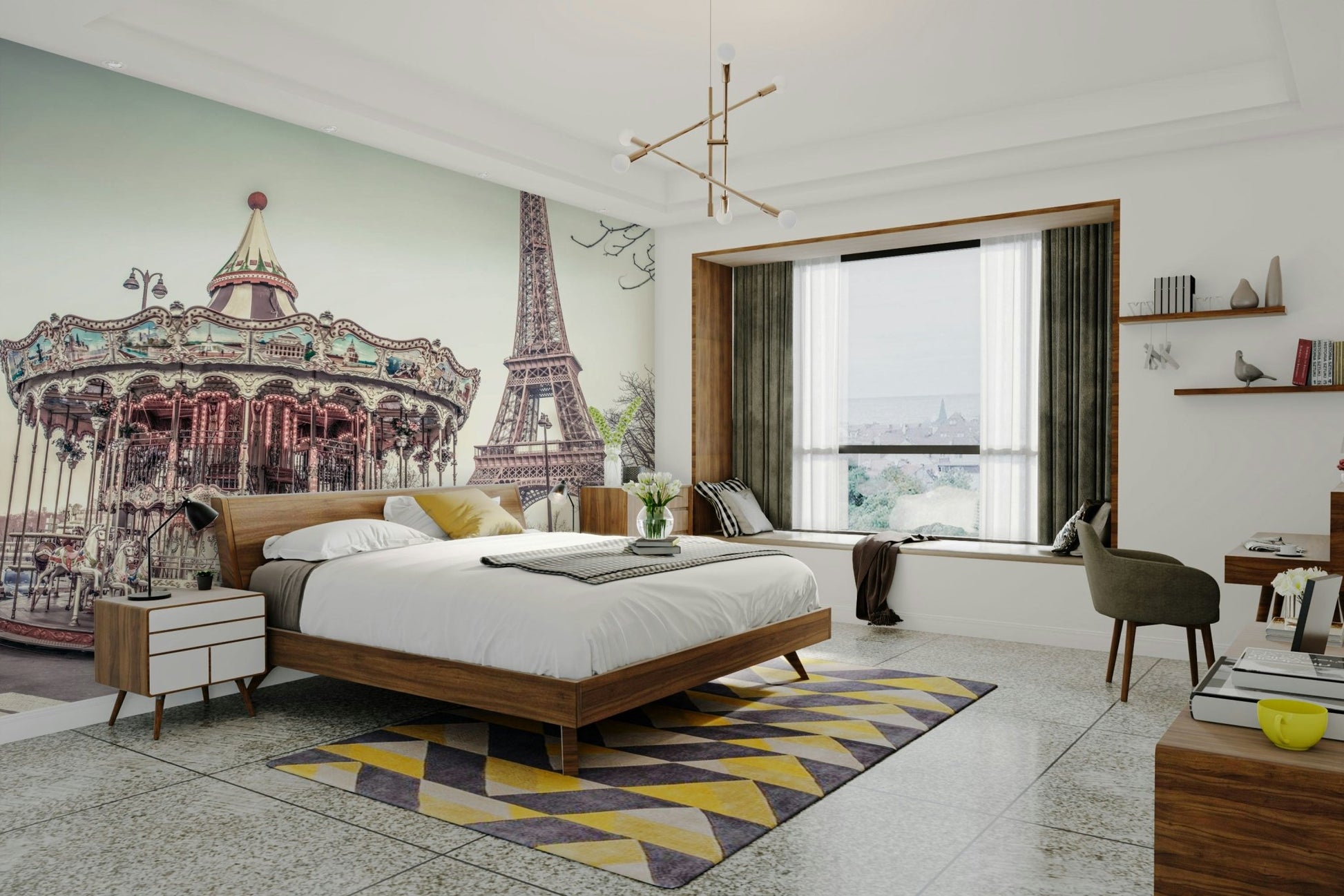 Scenic Paris carousel and Eiffel Tower wall art design

