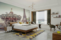 Scenic Paris carousel and Eiffel Tower wall art design

