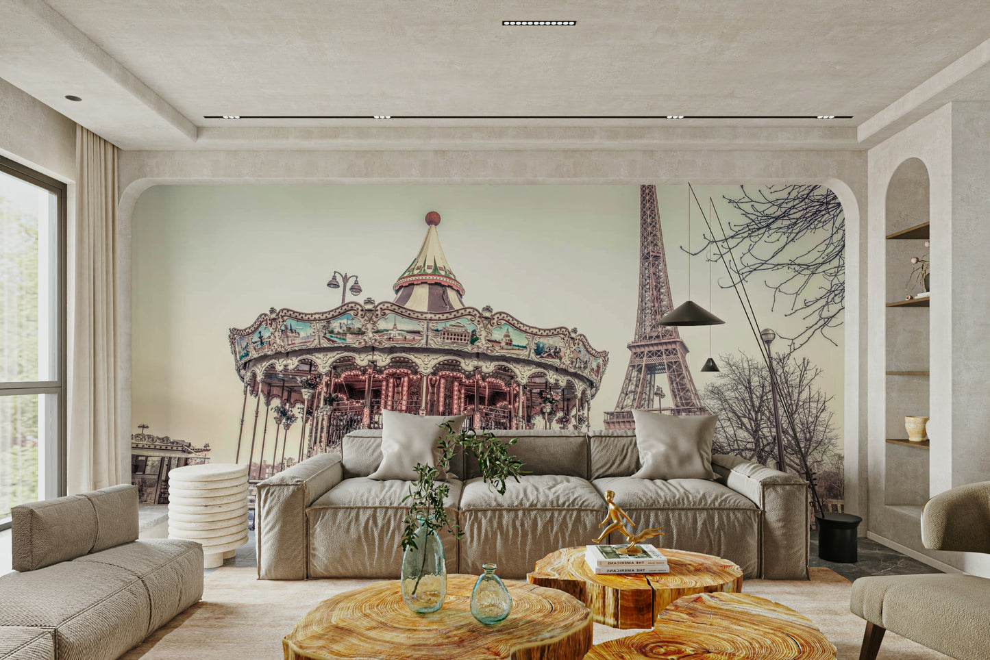 Eiffel Tower wall mural with colorful carousel ride

