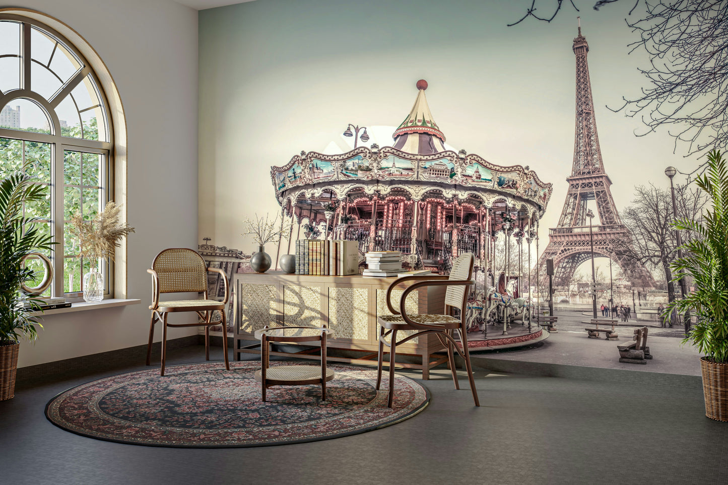 Paris-themed wall mural with carousel and Eiffel Tower

