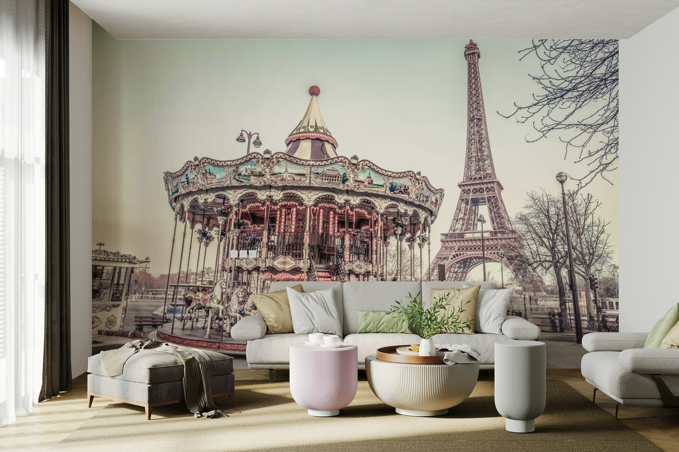 Eiffel Tower and carousel wall mural for home decor

