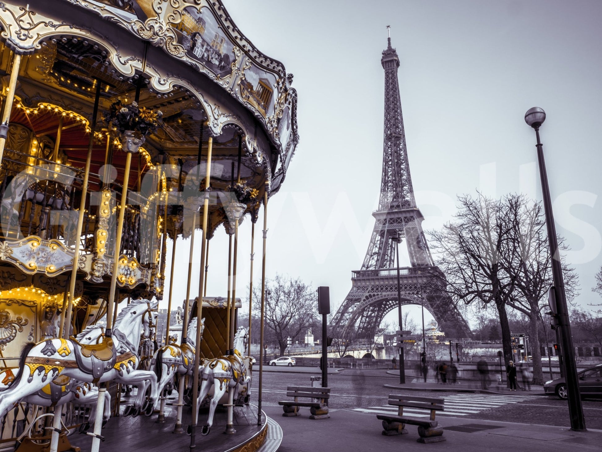 Eiffel Tower background Carousel Dreams nursery wallpaper.
