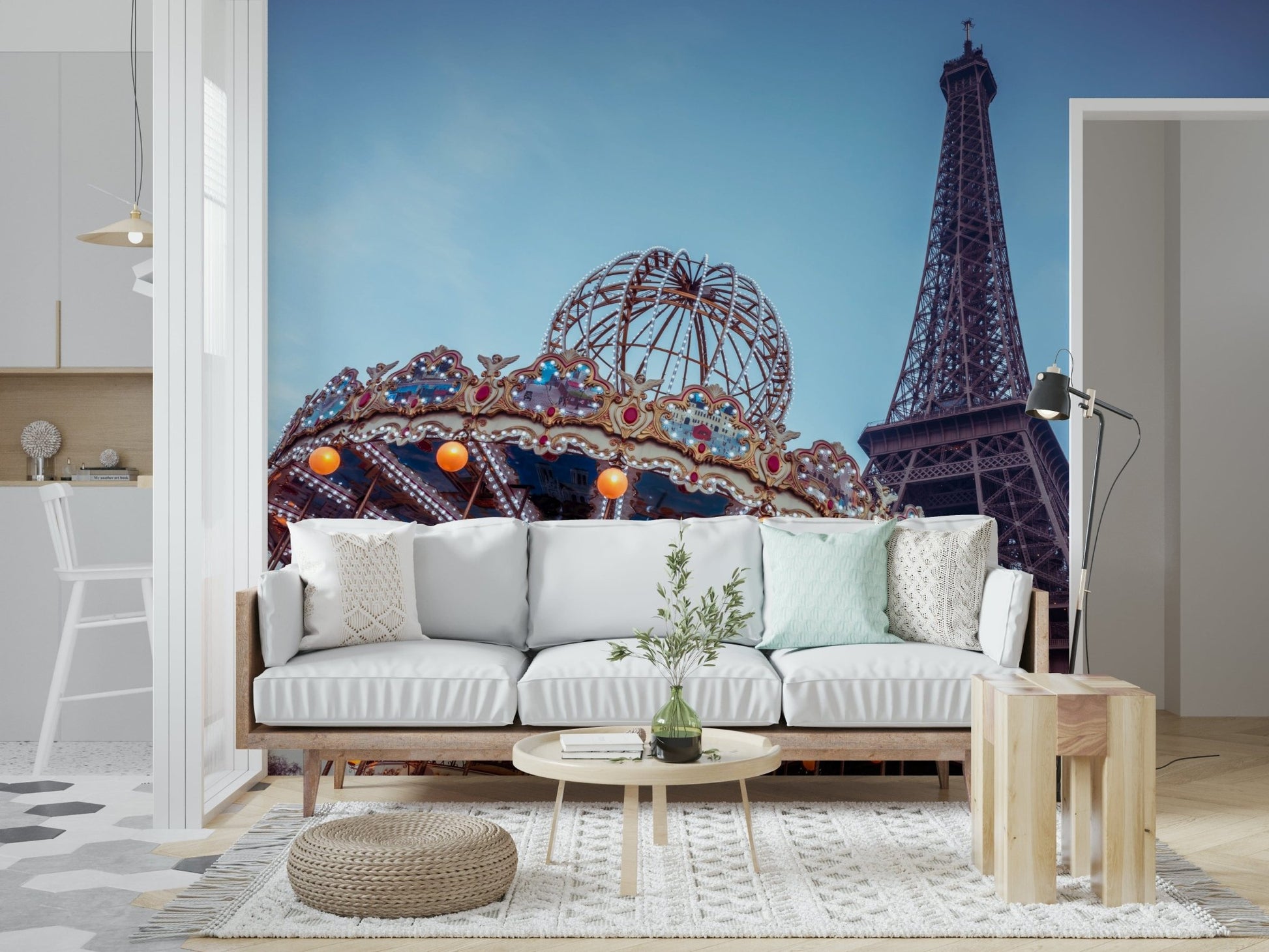 Romantic city landscape wall mural in warm amber, gold, and charcoal tones.