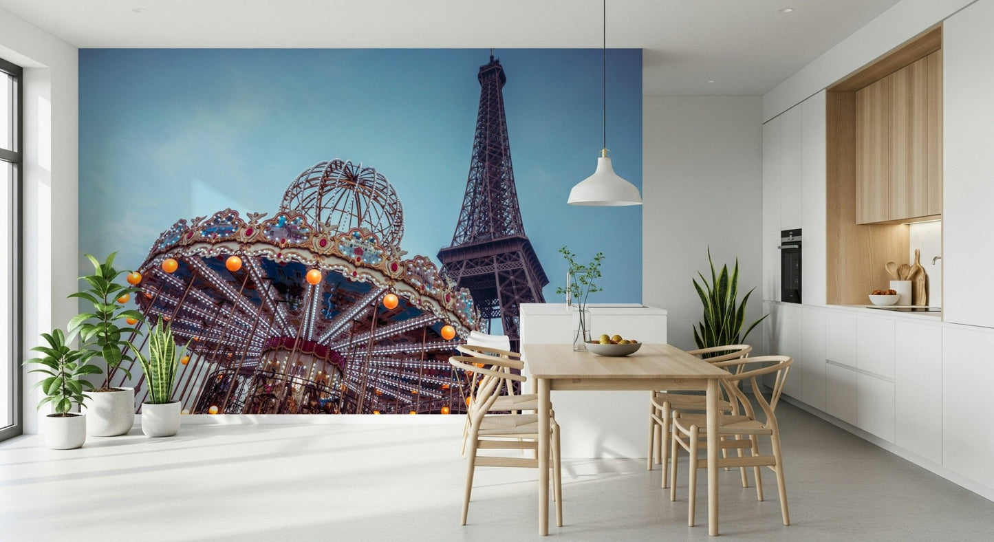 Whimsical Parisian wallpaper with a colorful fairground and iconic landmark.