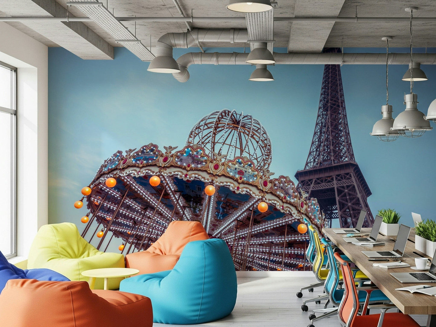 High resolution wall mural of a spinning carousel and the historic tower.