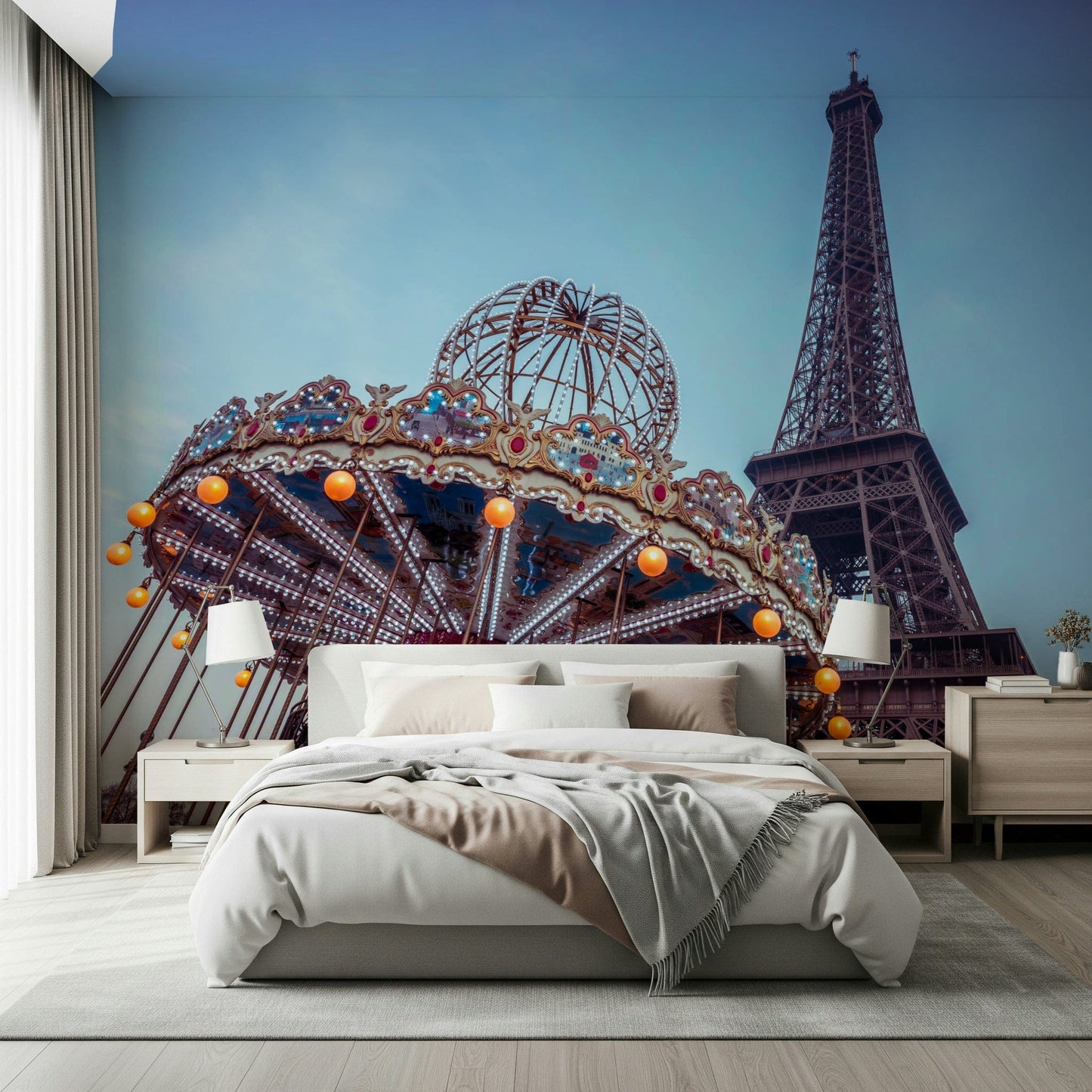 Detailed fairground wallpaper with golden lights and ornate carousel carvings.