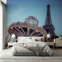 Detailed fairground wallpaper with golden lights and ornate carousel carvings.