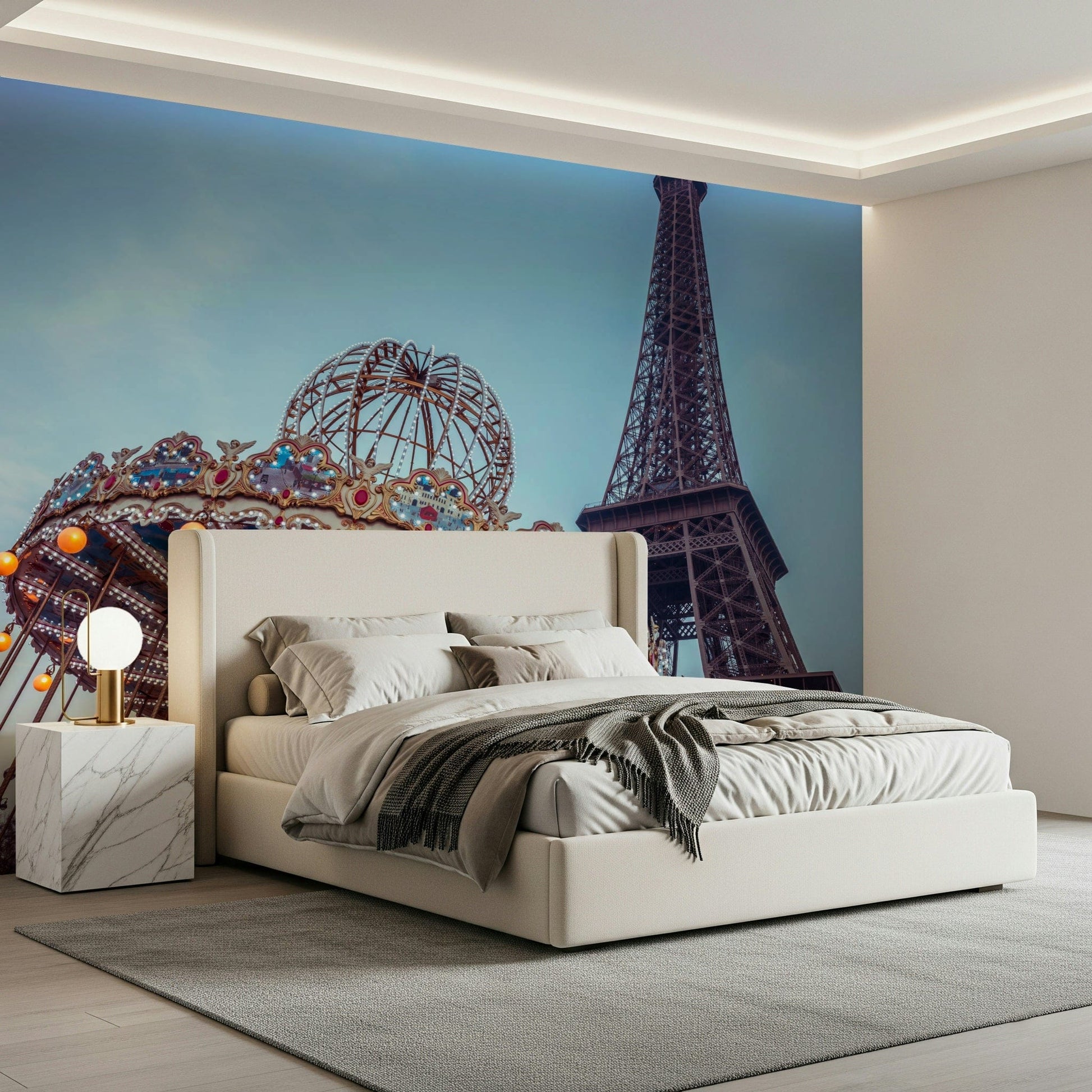 Carousel with the Eiffel Tower wall mural for a playful and elegant wall design.