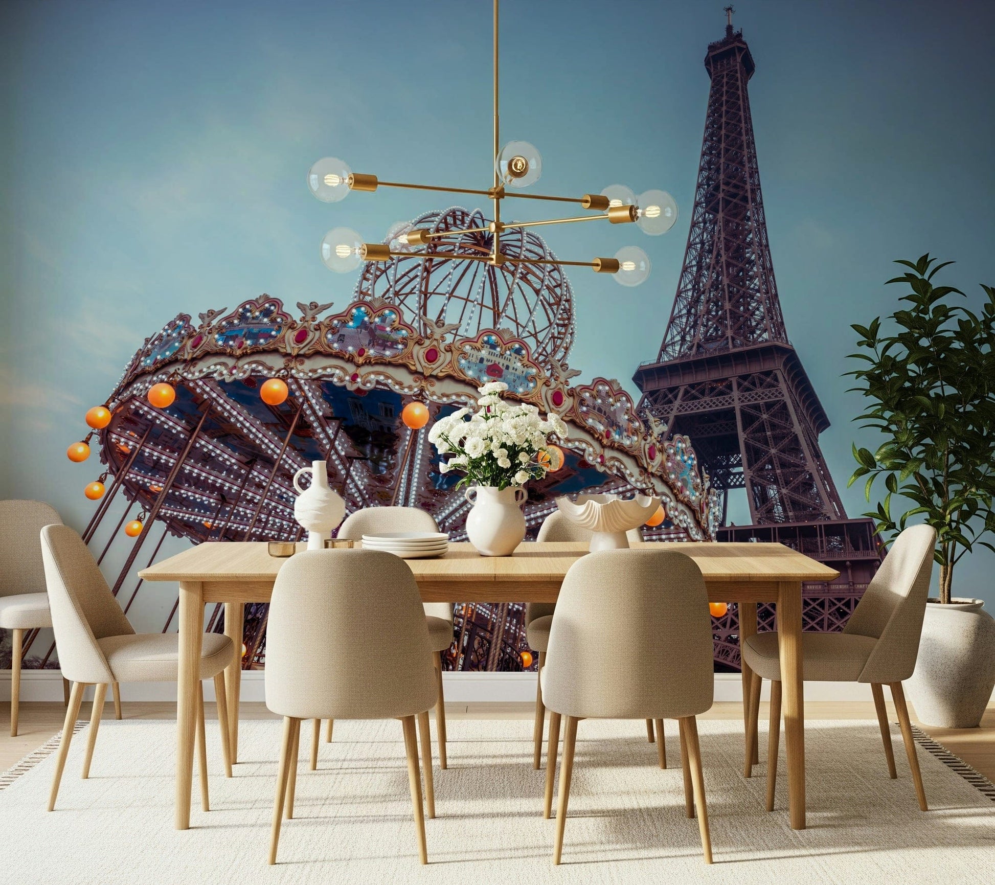Carousel with the Eiffel Tower wall mural featuring vintage horses and iron lattice.