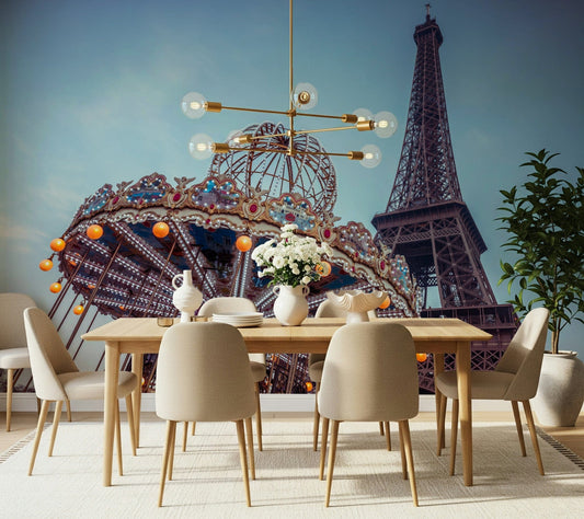 Carousel with the Eiffel Tower wall mural featuring vintage horses and iron lattice.
