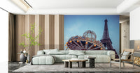 Scenic city wall mural showing a traditional merry-go-round at sunset.