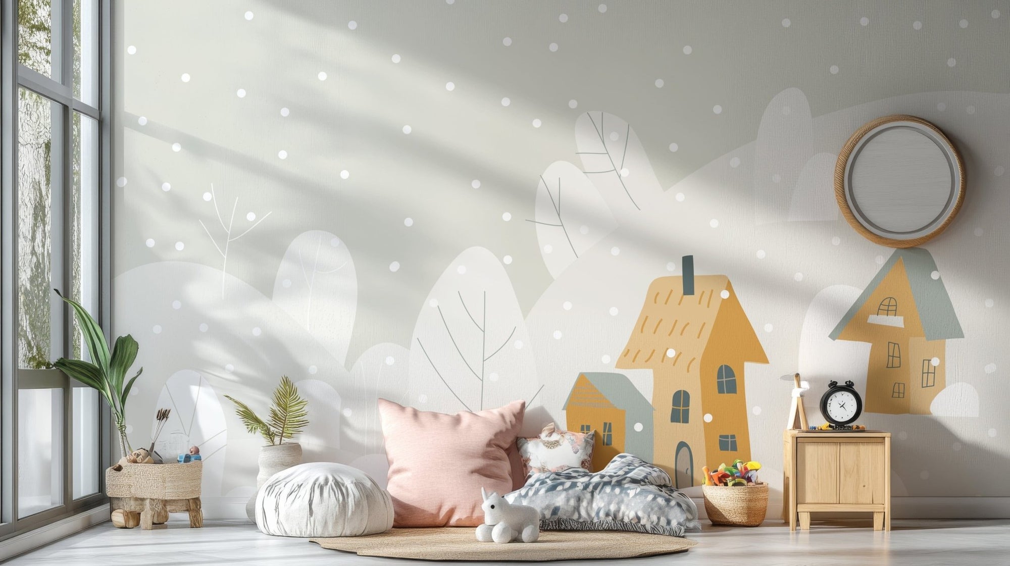 Cartoon winter cottages snowy wallpaper mural A971