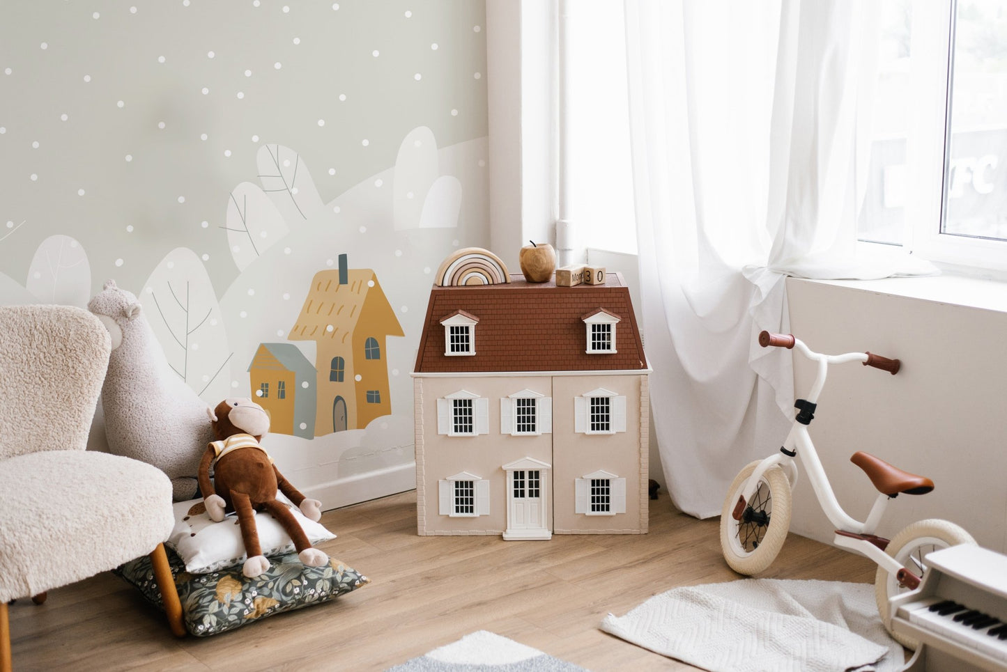 Playful cartoon wallpaper with snowy scenes