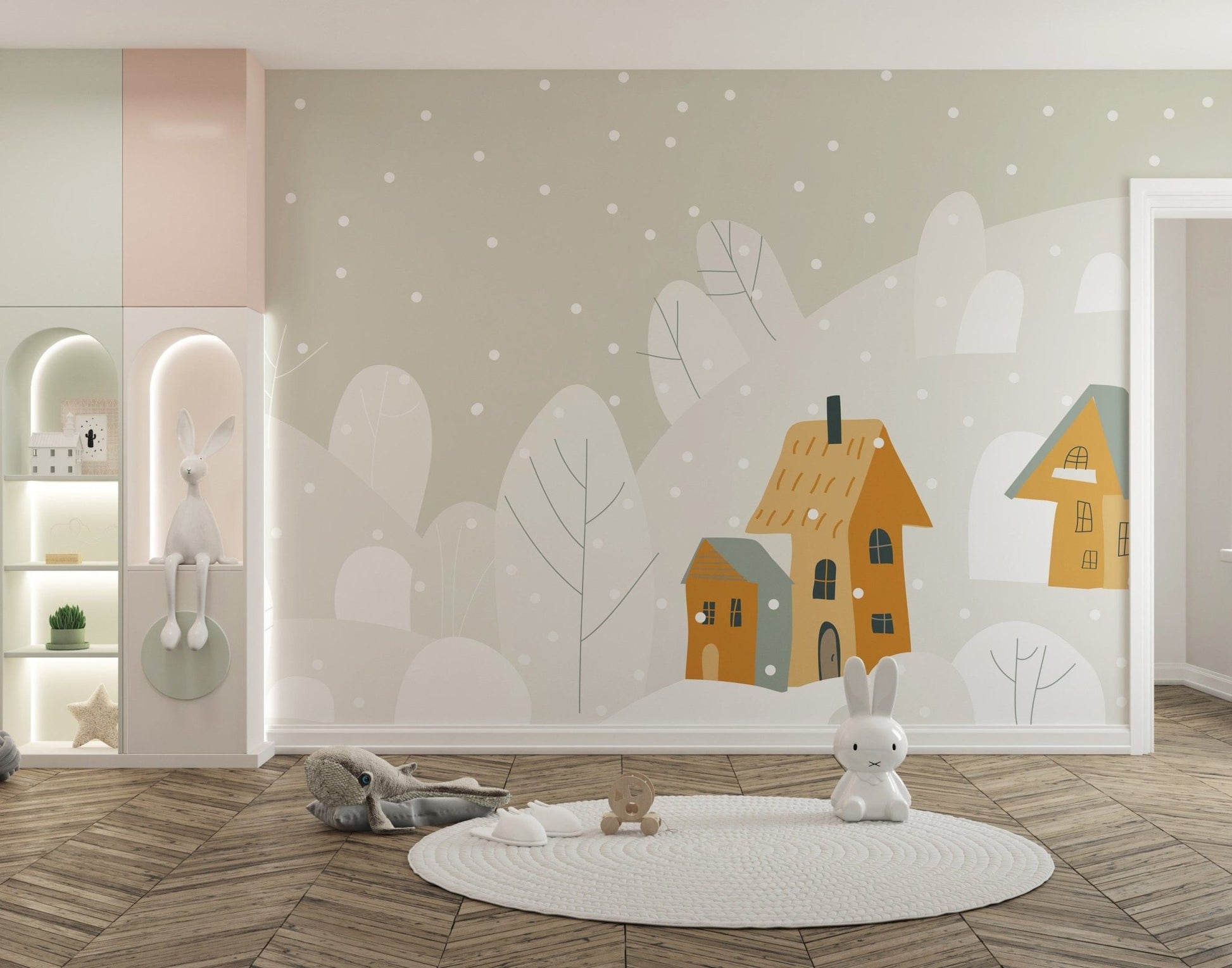 Whimsical snowy landscape mural design