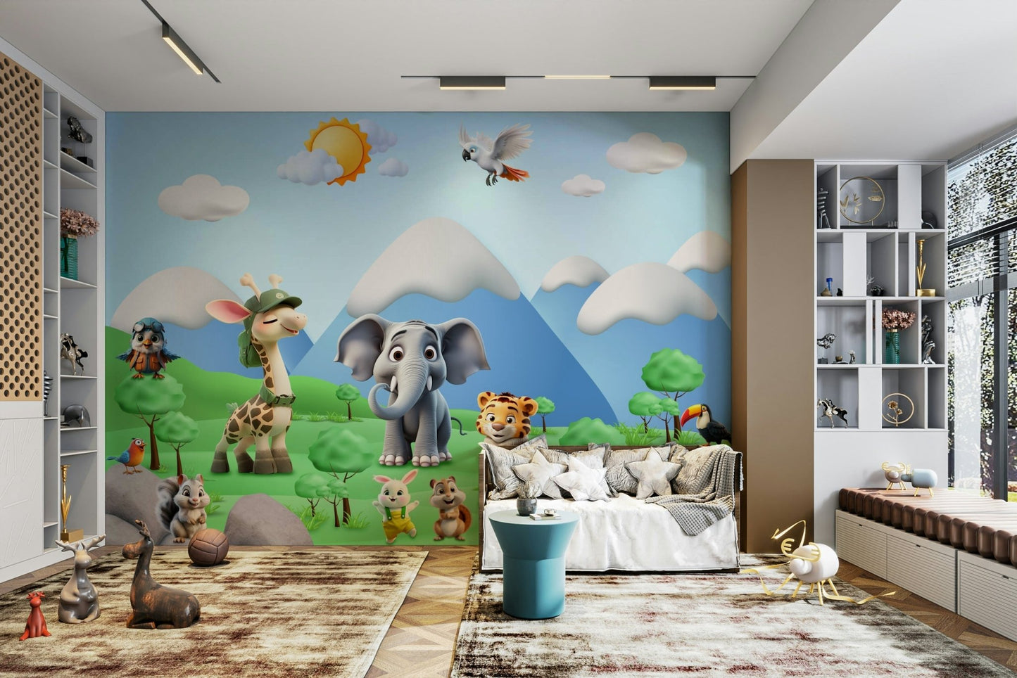 The design features graceful, friendly animals on an adventure.

