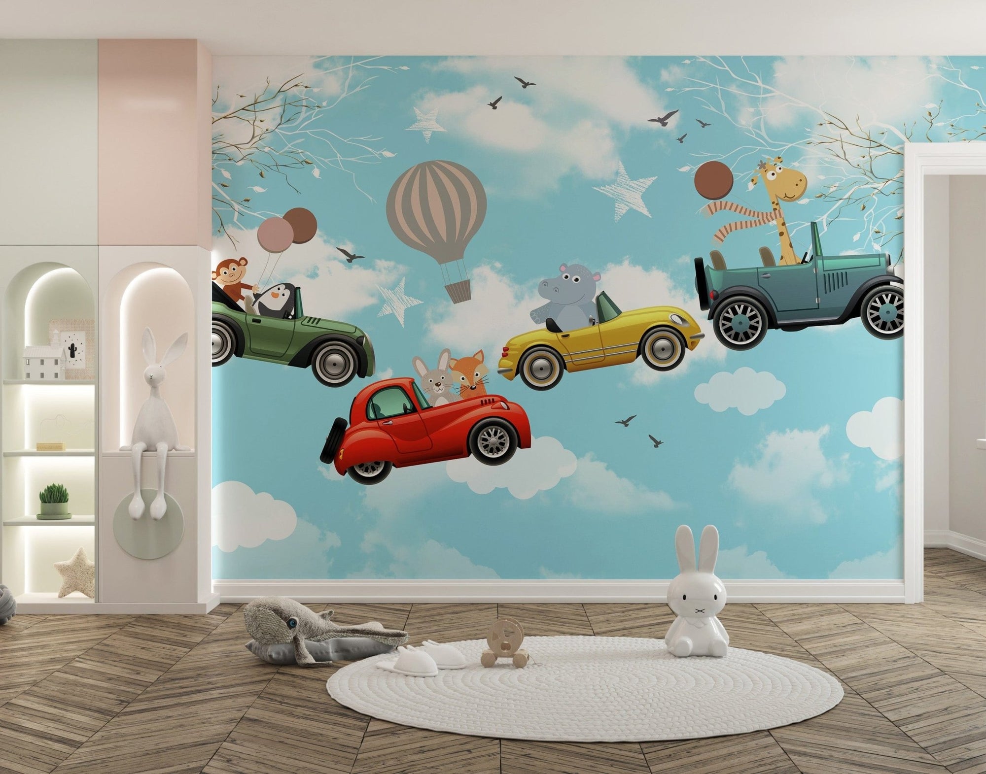 Whimsical Cartoon Animal Sky Wallpaper for Kids A604
