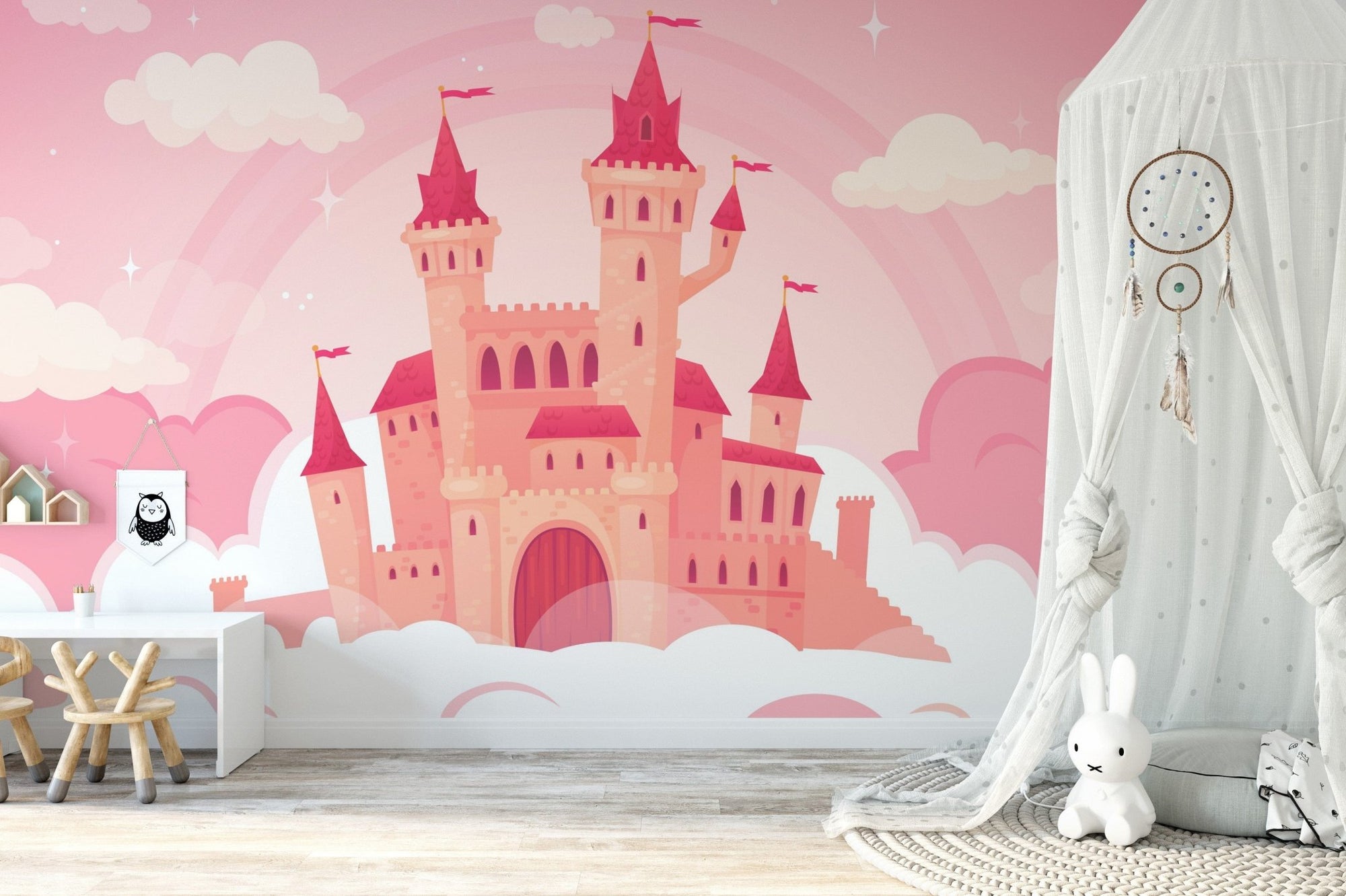 Cute cartoon castle in pink clouds wallpaper. A779
