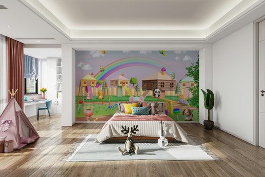 A full-wall mural of a happy, cartoon carnival scene.
