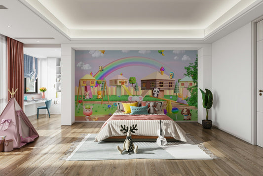 A full-wall mural of a happy, cartoon carnival scene.
