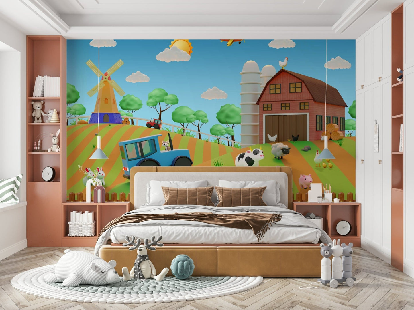 The farm has a barn, fences, and green fields.
