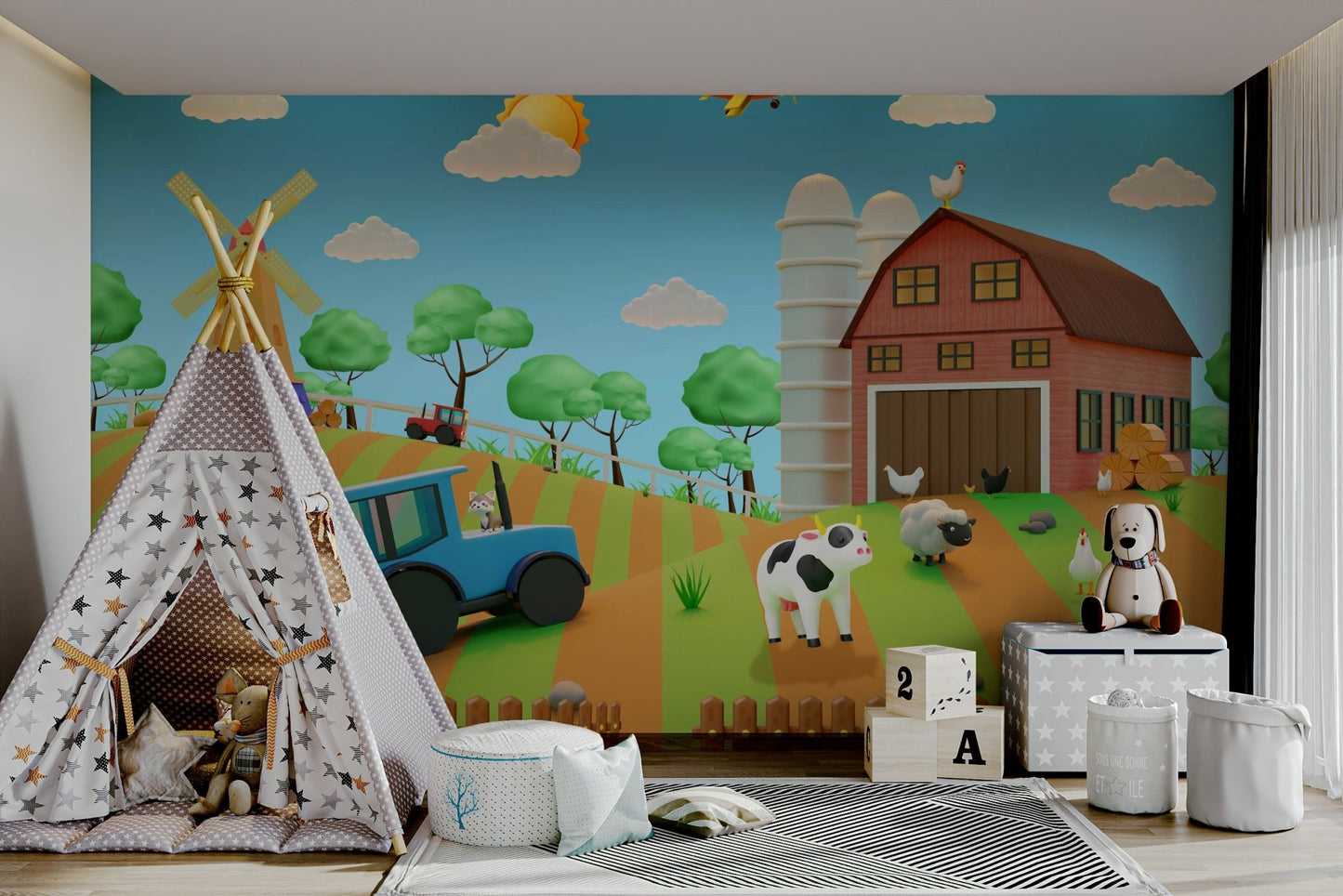 The image features various stylized farm animals playing and interacting.
