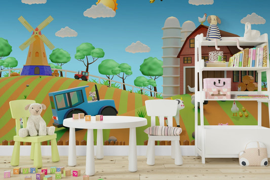 A full-wall mural of a happy, cartoon farm scene.
