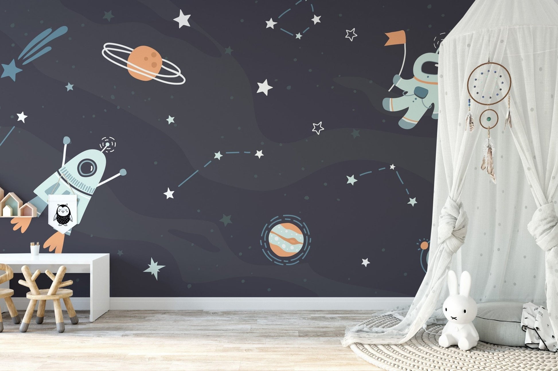 Space exploration mural with rockets and stars