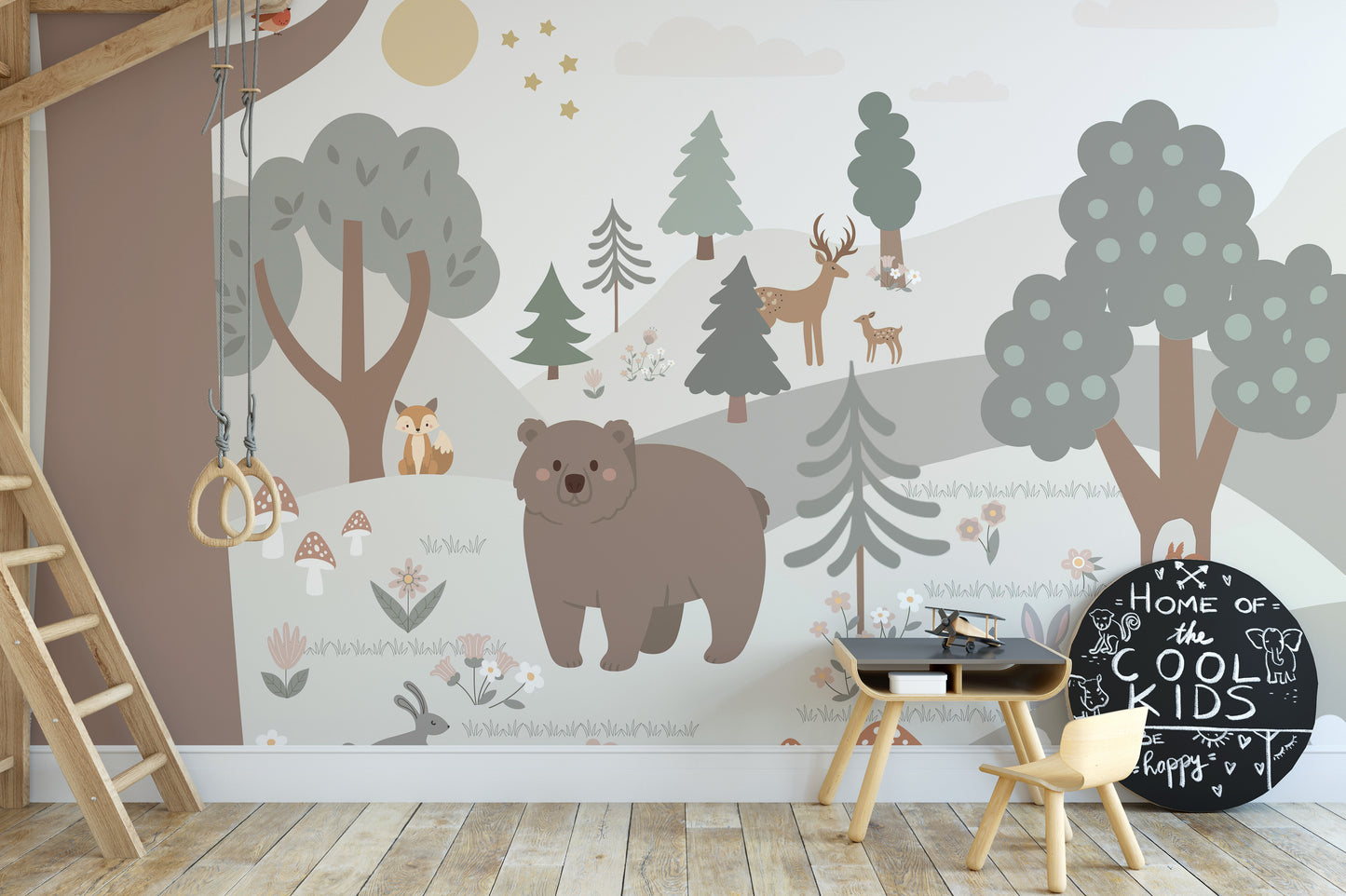 Lush green jungle wallpaper for playroom
