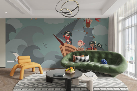 Fun pirate ship mural for kids’ rooms, C174