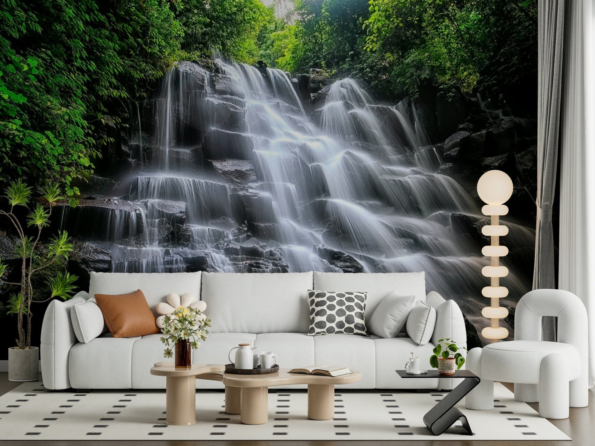 Cascading Serenity wall mural showing a jungle waterfall over dark rocks GD7378
